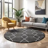 Muratap Trellis uni rond effen laagpolig vloerkleed modern donker 120 cm rond