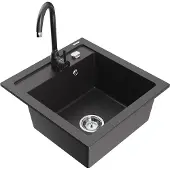 Mexen Vito granieten spoelbak 1-komerig met keukenmengkraan Telma, zwart gespikkeld - 6503-76-670200-76