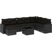 vidaXL 9-delige Loungeset met kussens poly rattan zwart