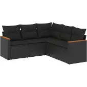 vidaXL 5-delige Loungeset met kussens poly rattan zwart