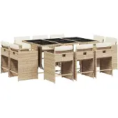 vidaXL 11-delige tuinset met kussens, beige, van polyrotan