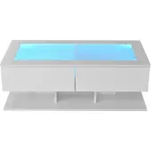 OKWISH Witte hoogglans salontafel 100x50x35 cm met lade, LED-verlichting en glazen tafelblad