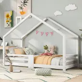 MODFU Kinderbed 90x200 cm van massief grenenhout – wit – huisbed met schoorsteen en valbeveiliging – speels design