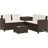 vidaXL Tuinbank met tafel en kussens L-vormig poly rattan bruin