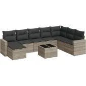 vidaXL 9-delige Loungeset met kussens poly rattan lichtgrijs