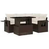 vidaXL - 5-delige - Loungeset - met - kussens - poly - rattan - bruin