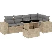 vidaXL 6-delige Loungeset met kussens poly rattan beige