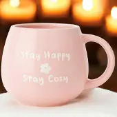 Quatro Grote Keramische Mok 450 ml - "Stay Happy Stay Cosy" Roos