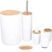 Alpina Badkamerset - Toiletset - 6-Delig - Zeepdispenser - Tandenborstelhouder - Toiletborstel - Prullenbak - Zeepbakje - Beker - Bamboe - Wit