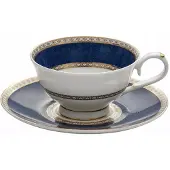 Marco polo Merkloos Porseleinen Mok met Schotel - Blauw & Wit, 250 ml
