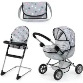 Bayer Cosy Poppenwagen set, opvouwbaar, zachte handgreep, met kinderstoel, tas, grijs