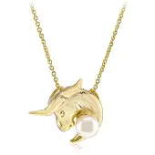 Cavill - Zilveren Halsketting - 925 Sterling Zilver Verguld - 6 mm Witte Zoetwater Kweekparel - Stierenkop Hanger - Elegante Dames Ketting 45 cm