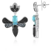 Cavill - Zilveren Druppel Oorbellen - 925 Sterling Zilver - Zwarte Onyx 4,32ct & Sleeping Beauty Turkoois 1,26ct - Edelsteen Sieraden Dames