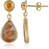 Cavill - 925 Sterling Zilver Vergulde Oorbellen - Druzische Agaat 7,75 ct & Mandarijn Granaat 0,7 ct - Elegant Peervormige Cabochon