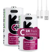 Uniross Batteries USB-C Oplaadbare C Batterijen - 1.5V Constante Output - 3000mAh / 4995mWh - Set van 2 inclusief 2-in-1 Laadkabel