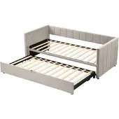 OKWISH Polsterbed 140x200 cm – Velvet beige met hydraulische opbergruimte – 2 laden & verstelbaar hoofdeinde – Luxe