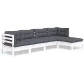 vidaXL 5-delige loungeset voor de tuin met kussens, wit, van grenenhout