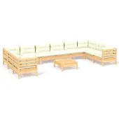 vidaXL 11-delige Loungeset met crèmekleurige kussens grenenhout