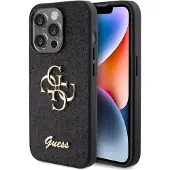 GUESS 4G Metal Logo Glitter Backcover voor de Apple iPhone 15 Pro Max - Zwart