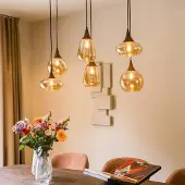 LumenXL 6-lichts hanglamp Loic - amber glas en houtlook