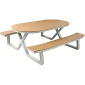 Axi Jax Picknicktafel Ovaal in Sandy Beige met Teak Hout Look voor 6 Personen | Picknick Tafel met geïntegreerde Banken voor Volwassenen van Aluminium & Polywood | 200 x 190 x 75 cm