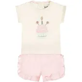 Dirkje T-shirt + korte broek lichtroze/ecru Set Meisjes Stretchkatoen Ronde hals - maat 86