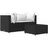 vidaXL 3-delige Loungeset met kussens poly rattan zwart