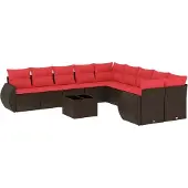 vidaXL 11-delige tuinbankset met kussens, bruin polyrotan