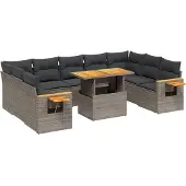 vidaXL 10-delige Loungeset met kussens poly rattan acacia grijs