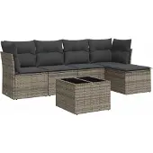 vidaXL 6-delige Loungeset met kussens poly rattan grijs