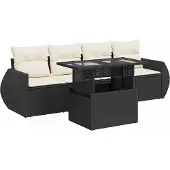 vidaXL 5-delige tuinmeubelset met kussens, zwart, polyrotan