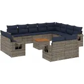 vidaXL 13-delige tuinbankset met kussens, grijs polyrotan