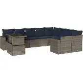vidaXL 10-delige tuinbankset met kussens, grijs polyrotan