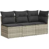 vidaXL Tuinbank 3-zits met kussens poly rattan lichtgrijs