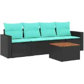 vidaXL 5-delige Loungeset met kussens poly rattan zwart