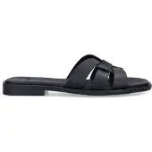 Manfield Zwarte leren slippers | Maat 42