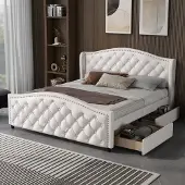 MODFU Bedframe 140x200 cm – wit PU – Chesterfield-stijl met 2 laden en lattenbodem