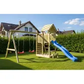 Buitenspeelgoed Keupink Houten Speeltoestel Lunoo Play+ met schommels en glijbaan