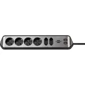 Brennenstuhl Contactdoosstrook estilo, 6-voudig, 2 USB-laadcontactdozen, IP20, kabellengte 2 m, L 365 x B 60 x D 110 mm, roestvrij staal & kunststof, zwart-zilver