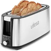 Ufesa Duo Plus, voor 2 sneetjes, zilverkleurig, roestvrij staal, met knoppen, hendel, draaibaar, 1400 W, 382 mm