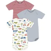 Petit Bateau Setje van katoenen body's met korte mouwen en autootjesprint Unisex Rompertje - Blauw + Rood/Wit + Groen
