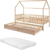 En.casa Kinderbed Aarghonmaa met matras uitschuifbed en opberglades 90x200 cm naturel []