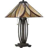 QUOIZEL Tiffany tafellamp Ashville, brons / oud-messing, Woon-/ Eetkamer, metaal, Tiffany, tafellamp