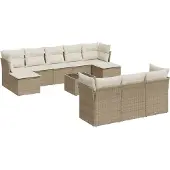 vidaXL 11-delige Tuinset met kussens poly rattan beige