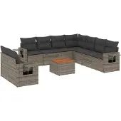 vidaXL 10-delige Loungeset met kussens poly rattan grijs