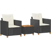 vidaXL 3-delige bistroset met kussens, zwart, polyrotan, acaciahout