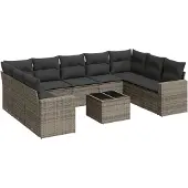 vidaXL 10-delige Loungeset met kussens poly rattan grijs