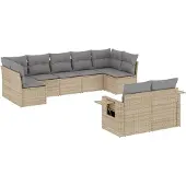 vidaXL 9-delige Loungeset met kussens poly rattan beige