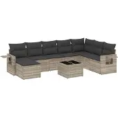 vidaXL 9-delige Loungeset met kussens poly rattan lichtgrijs