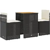 vidaXL 3-delige bistroset met kussens, zwart, polyrotan